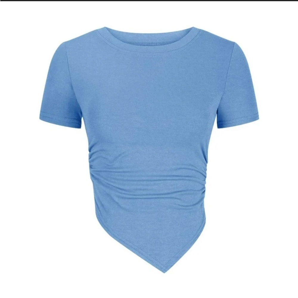 OQQ Blue Ribbed Asymmetrical T Shirt NWOT Medium